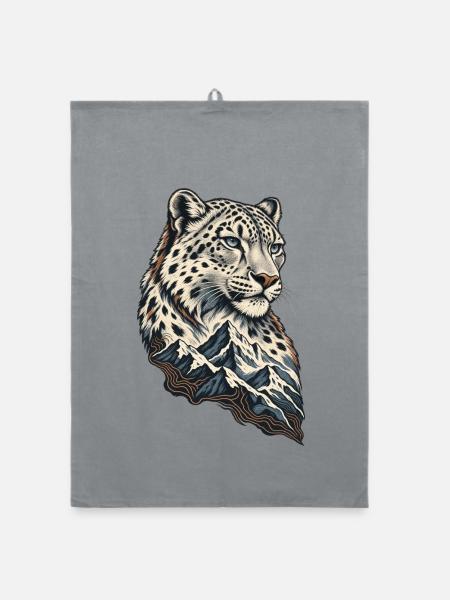 Leopardenkopf vor Berglandschaft - Organic Geschirrtuch - Grau