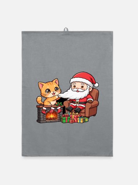CatChristmas: Weihnachtsmann am Kamin - Organic Geschirrtuch - Grau - Vorne