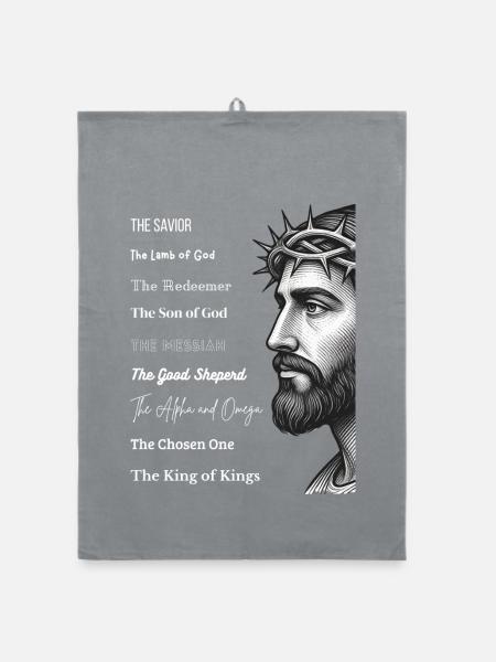 Jesus Porträt mit Dornenkrone und Titeln - Organic Geschirrtuch - Grau - Vorne