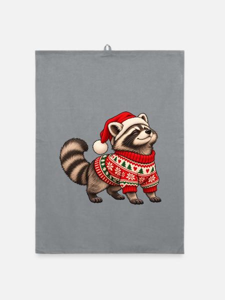 Weihnachts Waschbär – Norwegerpullover - Organic Geschirrtuch - Grau - Vorne