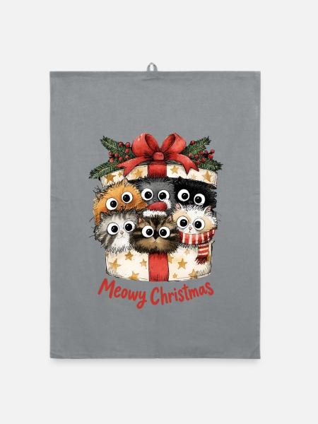 Meowy Christmas Katzen im Geschenk Weihnachten - Organic Geschirrtuch - Grau - Vorne