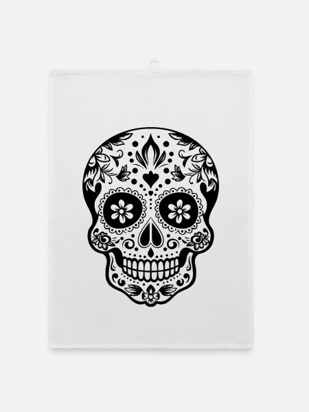Calavera Sugar Skull, schwarz weiß - Organic Geschirrtuch - Weiß