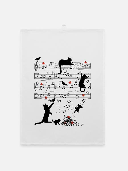 Notenblatt Katzen Herzen Musik Amsel - Organic Geschirrtuch - Weiß