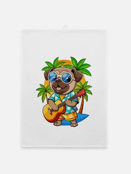 Lustige Mops Hund Sommer Strand Sonnenbrille Hawaiianisch - Organic Geschirrtuch - Weiß - Vorne