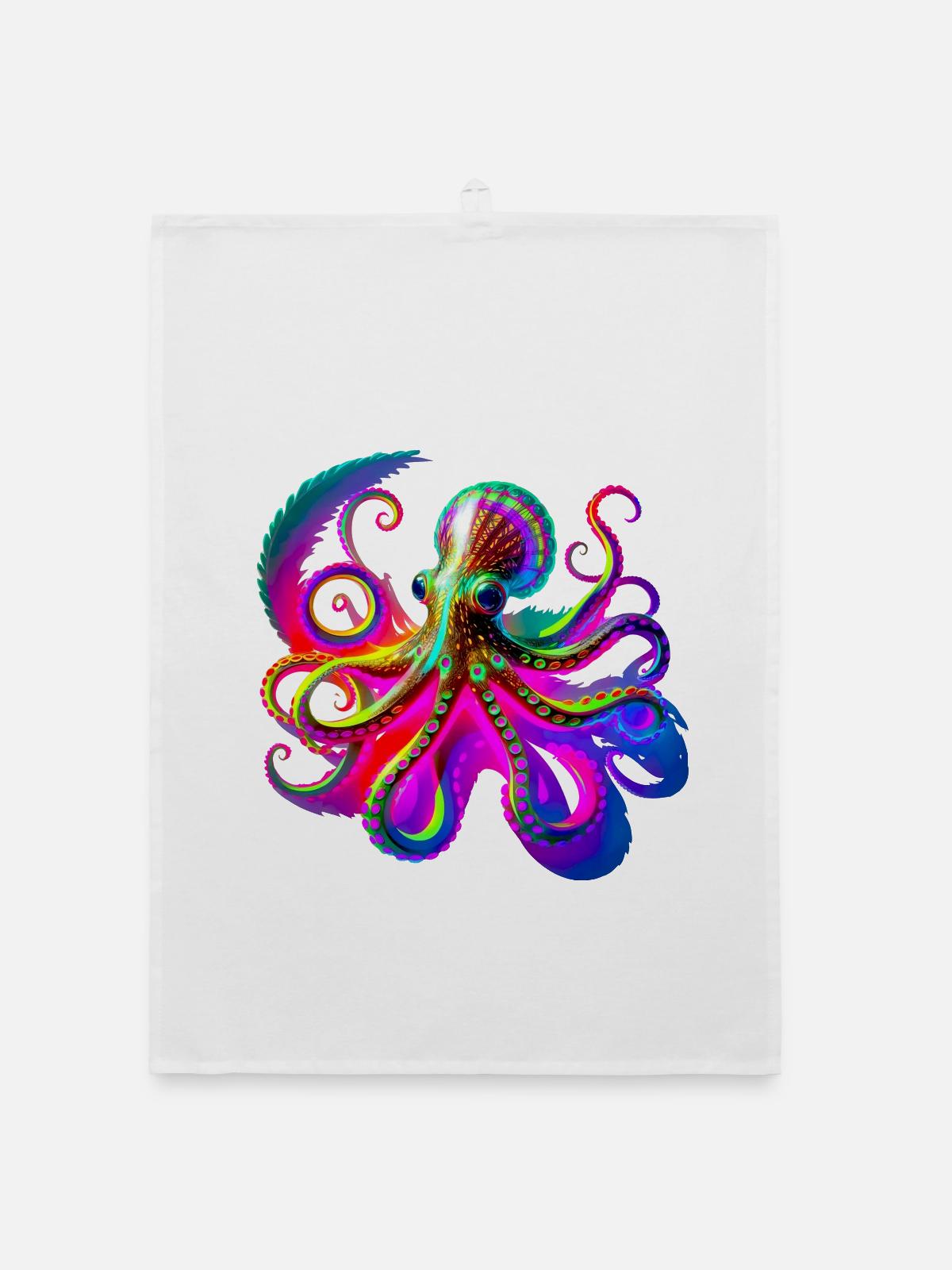 Psychedelic Neon Octopus - Organic dish towel - white - Front