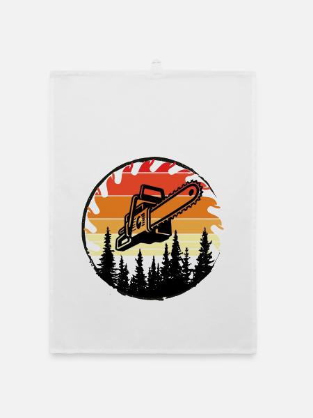 Retro Forest Chainsaw Sunset - Organic dish towel - white - Front