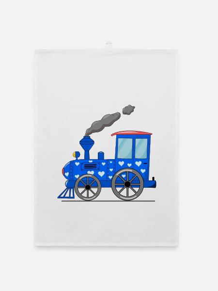 Train pour enfants bleu avec des cœurs - Torchon bio - blanc - Devant