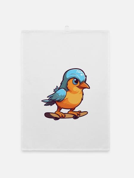Lustiger Jay Vogel Kawaii Cartoon spielt Skateboard - Organic Geschirrtuch - Weiß - Vorne