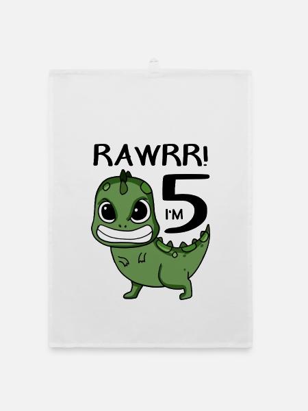 5th Birthday Dinosaur - 5th Grade Gift - Organic dish towel - white - Front