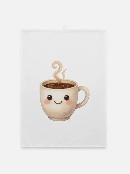 Süßer Kaffeebecher mit Gesicht – Aquarell-Stil - Organic Geschirrtuch - Weiß