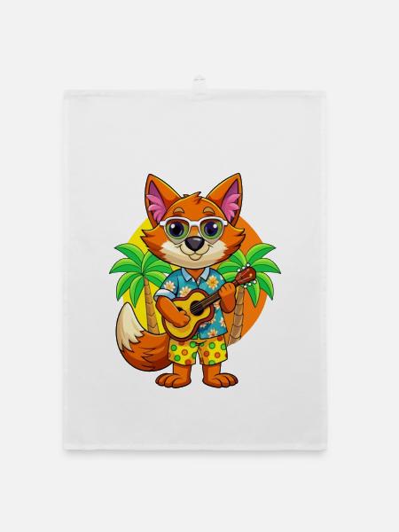Lustige Fuchs Cartoon Sommer Strand Sonnenbrille Gitarre - Organic Geschirrtuch - Weiß - Vorne