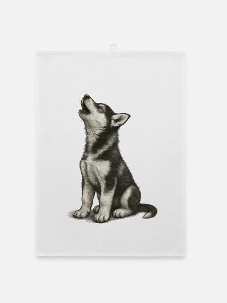 "Kleine Schneeflocke" - Welpe Siberian Husky - Organic Geschirrtuch - Weiß - Vorne