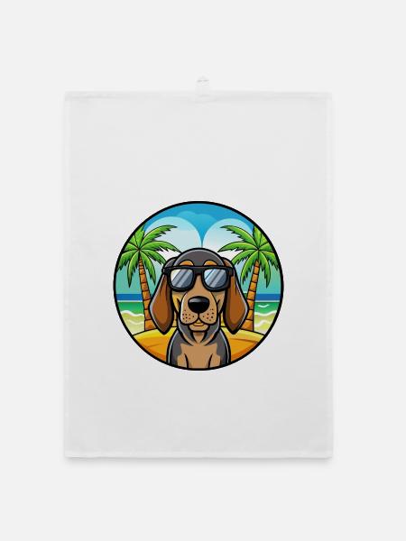 Schwarz Und Tan Coonhound Hunderasse Cartoon Strand - Organic Geschirrtuch - Weiß - Vorne