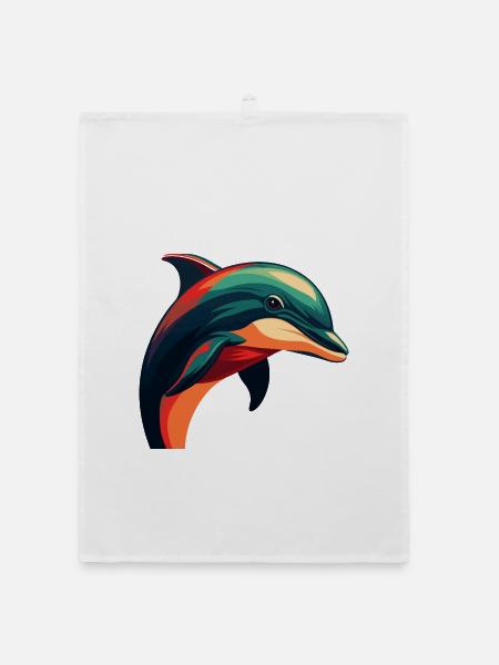 Delfin Cartoon Figur Buntes Haustier Tier - Organic Geschirrtuch - Weiß - Vorne