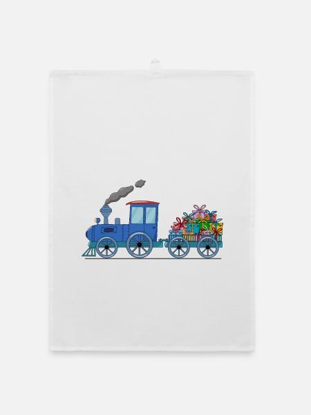 Train pour enfants avec remorque en bleu - Torchon bio - blanc - Devant