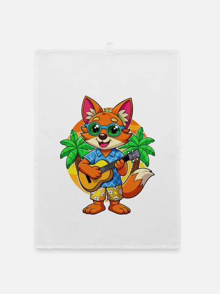 Lustige Fuchs Cartoon Sommer Strand Sonnenbrille Gitarre - Organic Geschirrtuch - Weiß - Vorne
