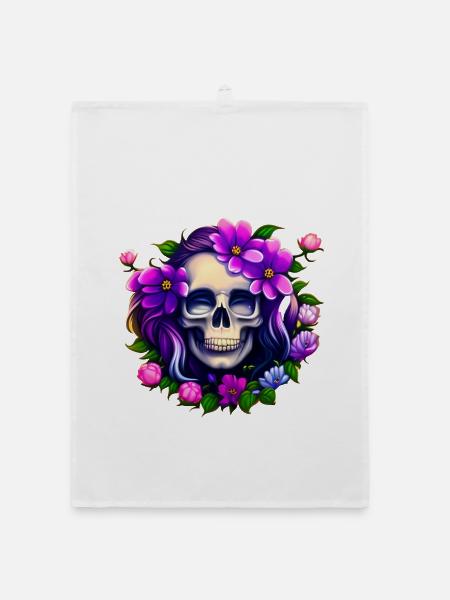 Gothic Skull Lady mit Blumen Mystisches Totenkopf - Organic Geschirrtuch - Weiß - Vorne