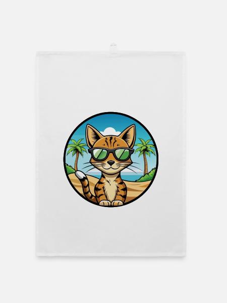 Ocicat Domestic Cat Breed Cartoon Sunglasses Beach - Organic dish towel - white - Front