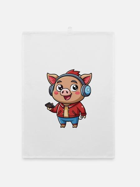 Schwein Lustige Zeichentrickfigur Kopfhörer Musik - Organic Geschirrtuch - Weiß - Vorne