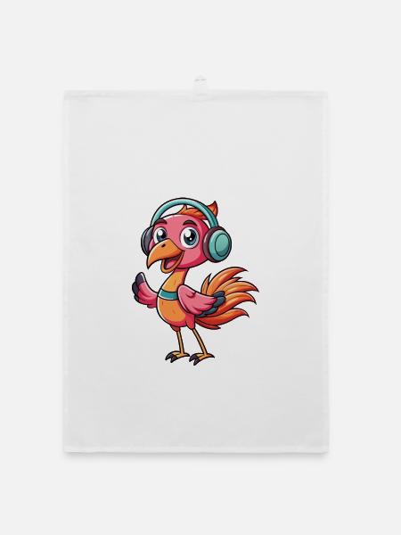 Flamingo Lustige Zeichentrickfigur Kopfhörer Musik - Organic Geschirrtuch - Weiß - Vorne
