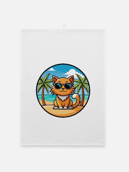 Ingwer Langhaar Katze Rasse Cartoon Sonnenbrille Strand - Organic Geschirrtuch - Weiß - Vorne