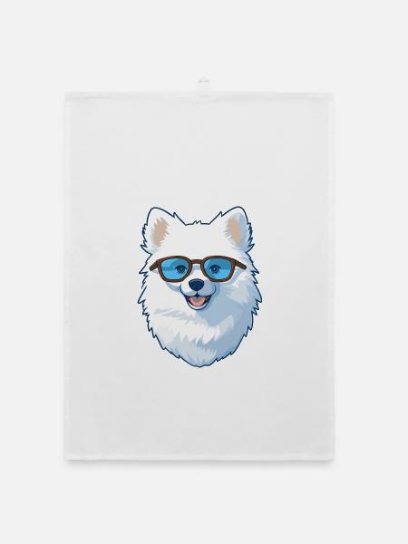 Amerikanische Eskimo-Hunderasse Aquarell-Karikatur Kawai - Organic Geschirrtuch - Weiß - Vorne