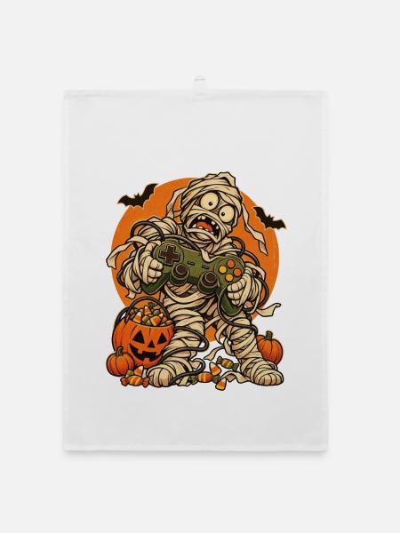 Halloween-Mumie Gamer mit Kabelsalat - Organic Geschirrtuch - Weiß - Vorne