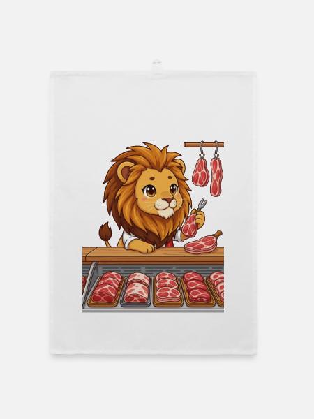 Löwe in der Fleischerei Metzger Chibi Design - Organic Geschirrtuch - Weiß