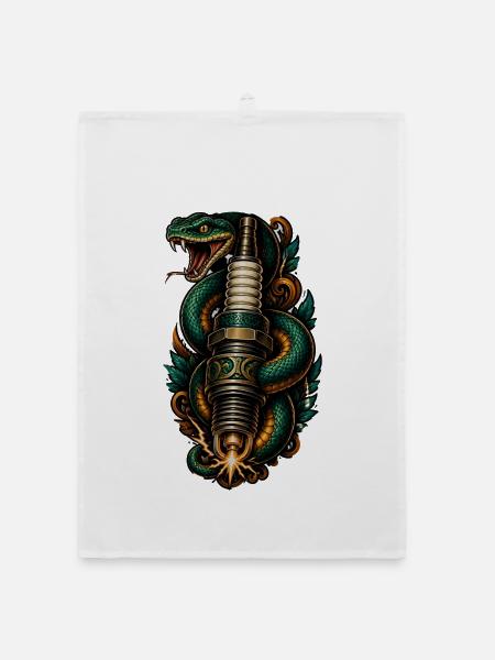 Zündkerze Schlange Tattoo Neo Traditional T-Shirt - Organic Geschirrtuch - Weiß - Vorne