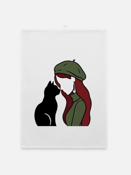 ragazza_rossa_con_basco_verde_con_gatto_nero - Organic Geschirrtuch - Weiß - Vorne