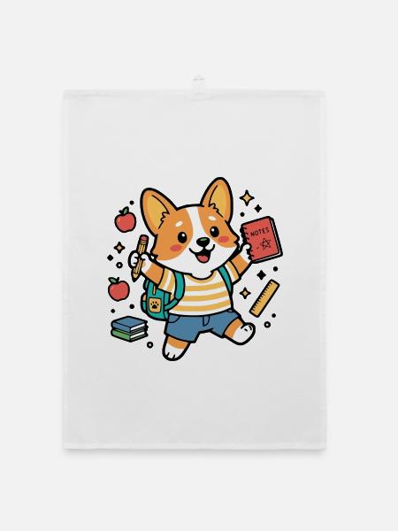 Niedliches Kawaii-Corgi-Hundehemd zurück zur Schule - Organic Geschirrtuch - Weiß - Vorne