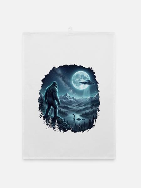 Bigfoot Alien UFO Loch Ness Weltraum Szene Kryptid - Organic Geschirrtuch - Weiß - Vorne
