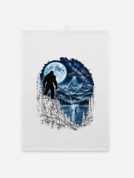 Bigfoot Alien UFO Loch Ness Weltraum Szene Kryptid - Organic Geschirrtuch - Weiß - Vorne