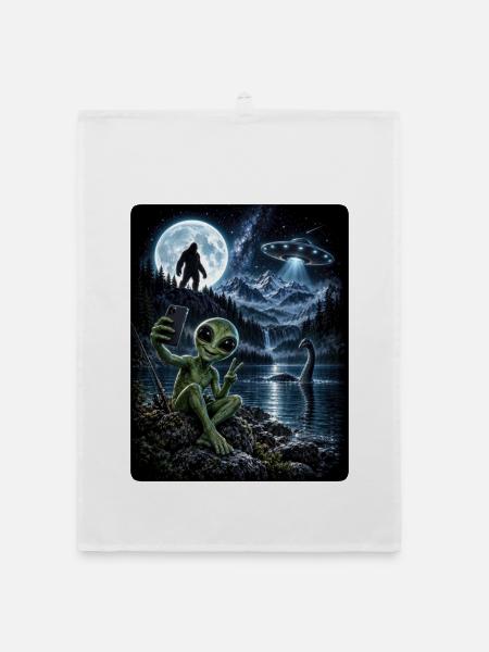 Bigfoot Alien UFO Loch Ness Weltraum Szene Kryptid - Organic Geschirrtuch - Weiß - Vorne