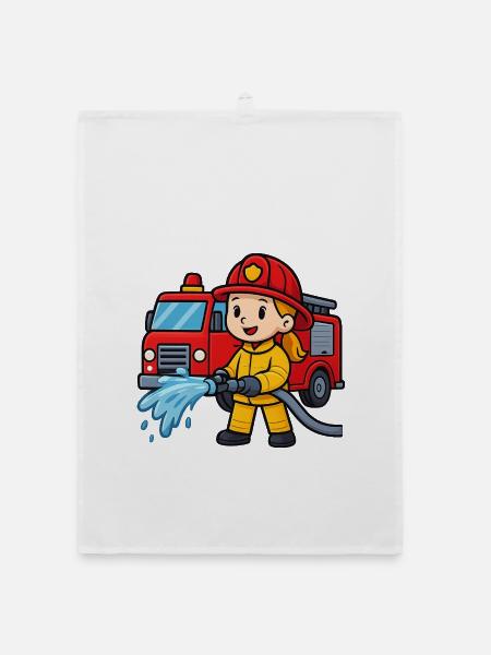 Feuerwehrmädchen mit Löschfahrzeug - Organic Geschirrtuch - Weiß - Vorne