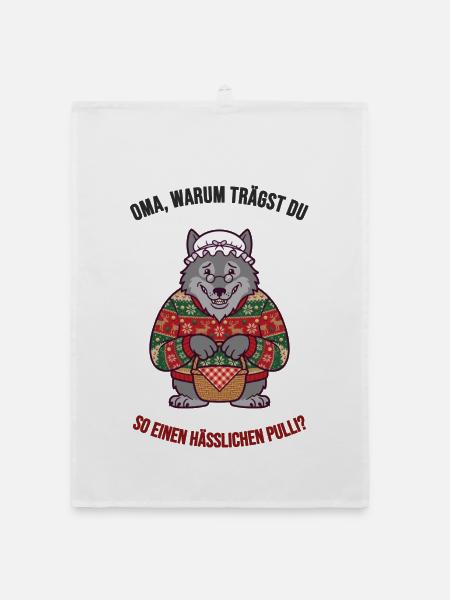 Hässlicher Weihnachtspullover – Wolf & Oma - Organic Geschirrtuch - Weiß - Vorne