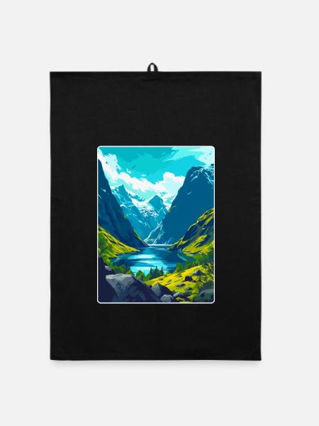 Souvenir de l’affiche de voyage vintage des fjords de Norvège - Torchon bio - noir