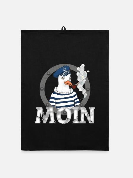 Moin Möwe – Seemann mit Pfeife Nordsee Shirt - Organic Geschirrtuch - Schwarz - Vorne