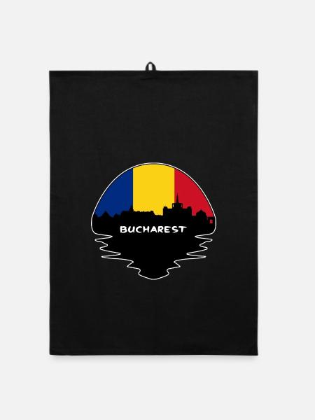Bukarest Rumänien Flagge Skyline Silhouette Reisen - Organic Geschirrtuch - Schwarz - Vorne