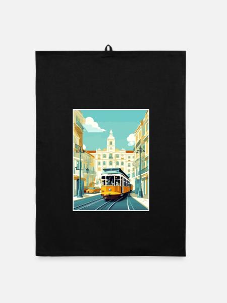 Lissabon Portugal Tram Vintage Reiseposter WPA Kunst - Organic Geschirrtuch - Schwarz