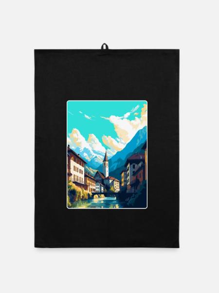Chur Switzerland Vintage Travel Poster Souvenir - Organic dish towel - black - Front