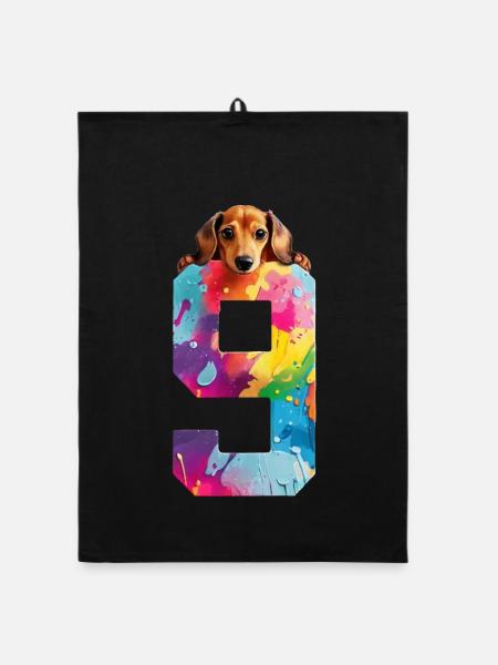 DOG 9 YEARS OLD DACHSHUND 9TH BIRTHDAY - Organic dish towel - black - Front