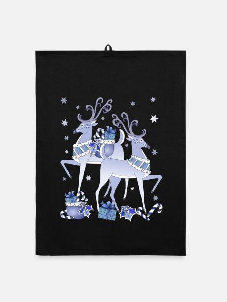Blaue Hirsche Weihnachten - Organic Geschirrtuch - Schwarz - Vorne