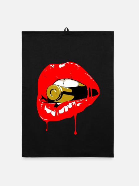 Red Lips Bite Bullet Pop Art - Organic Geschirrtuch - Schwarz - Vorne