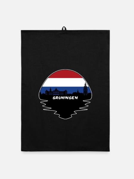 Groningen Niederlande Flagge Skyline Silhouette Trav - Organic Geschirrtuch - Schwarz - Vorne