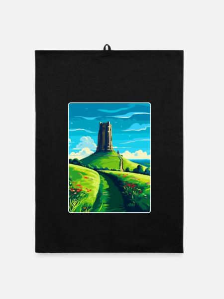 Glastonbury Tor England Uk Travel Poster Souvenir - Organic dish towel - black - Front