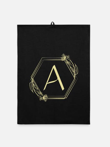 A Monogramm im floralen Hexagon - Organic Geschirrtuch - Schwarz - Vorne