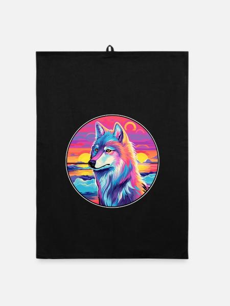 Arktischer Wolf Bunte Aquarell-Karikatur Kawaii Haustier - Organic Geschirrtuch - Schwarz