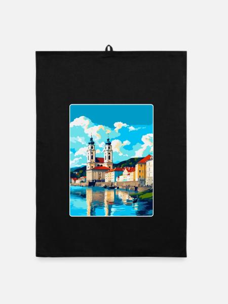 Passau Germany Vintage Travel Poster Souvenir WPA - Organic dish towel - black - Front