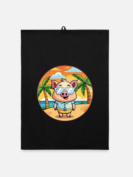Schwein Lustige Cartoon Sommer Strand Sonnenbrille - Organic Geschirrtuch - Schwarz - Vorne
